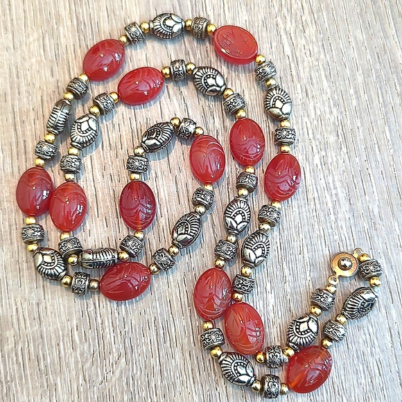 Vintage Egyptian Revival Hand Carved Double Sided Carnelian Scarabs Necklace - Picture 4 of 10